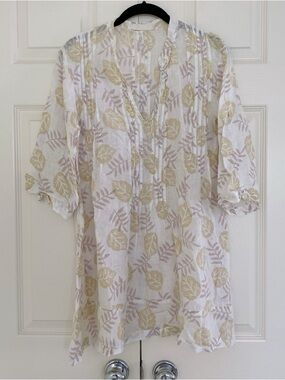 CP Shades Regina Tunic XS Cream Linen 3/4 Long Sleeve Leaf Print Lagenlook
